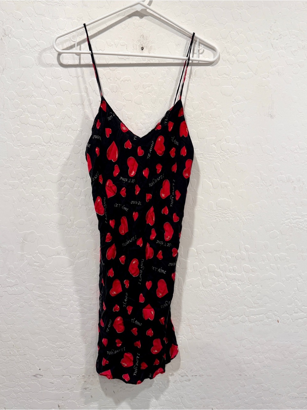 Y2K Silk Nightgown Slip Dress Chemise Heart Love You Black Red Te Amo Small Vtg
